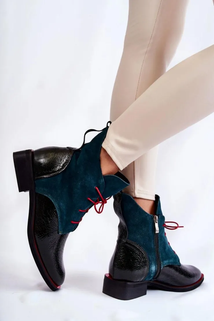 Damskie Boto Skórzane Botki Zielono-Czarne Cheyenne