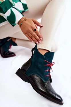 Damskie Boto Skórzane Botki Zielono-Czarne Cheyenne