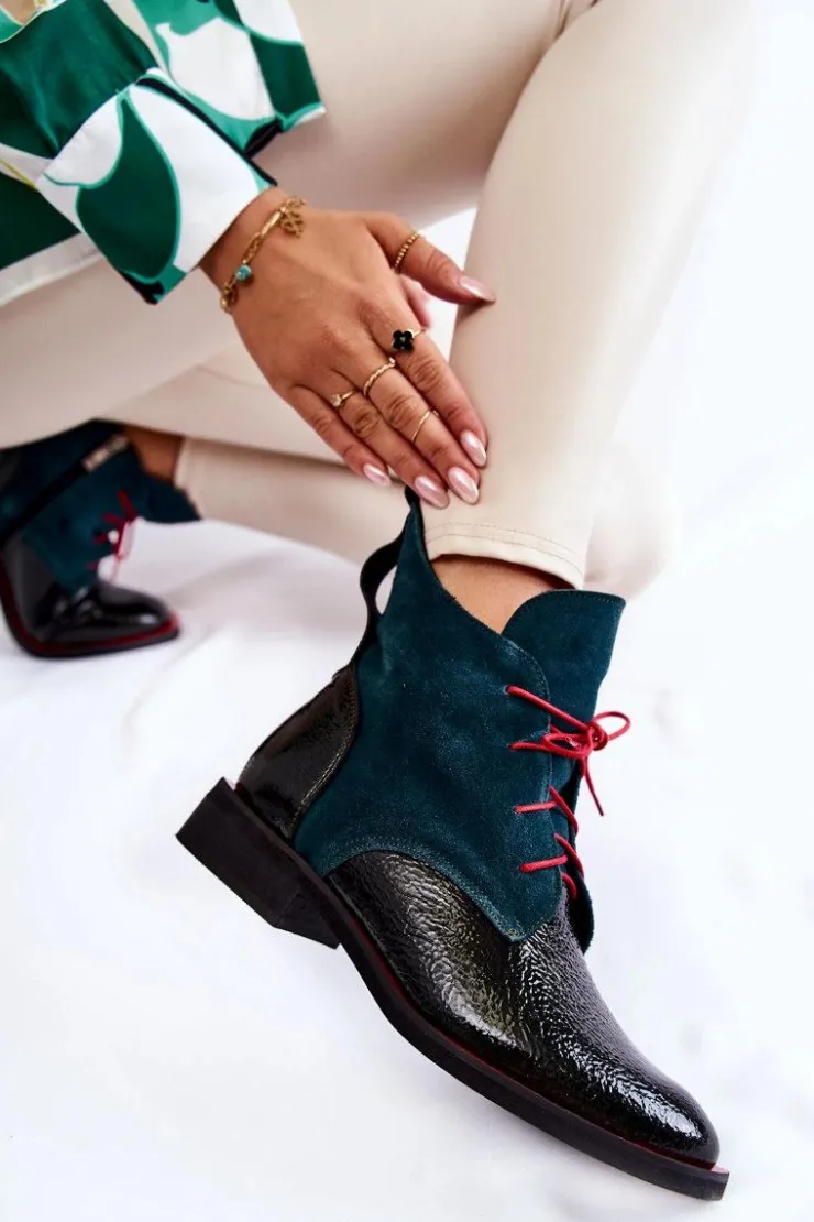 Damskie Boto Skórzane Botki Zielono-Czarne Cheyenne