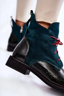 Damskie Boto Skórzane Botki Zielono-Czarne Cheyenne