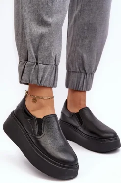 Damskie Boto Skórzane Buty Sportowe Damskie na Platformie Czarne Lemar Manish