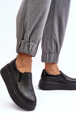 Damskie Boto Skórzane Buty Sportowe Damskie na Platformie Czarne Lemar Manish