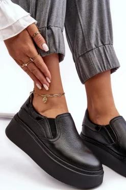 Damskie Boto Skórzane Buty Sportowe Damskie na Platformie Czarne Lemar Manish