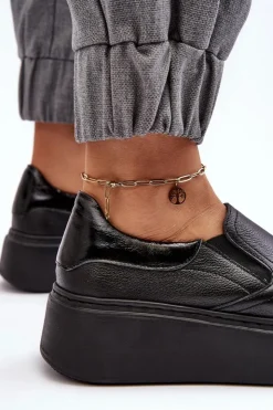 Damskie Boto Skórzane Buty Sportowe Damskie na Platformie Czarne Lemar Manish