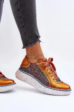 Maciejka Buty Sportowe Na Platformie*Skórzane Buty Sportowe Damskie 06327-18 Pomarańczowe