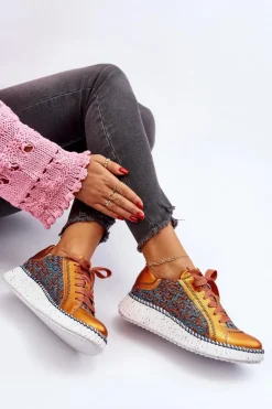 Maciejka Buty Sportowe Na Platformie*Skórzane Buty Sportowe Damskie 06327-18 Pomarańczowe