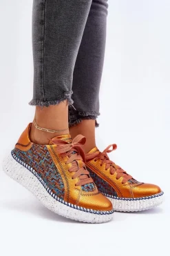 Maciejka Buty Sportowe Na Platformie*Skórzane Buty Sportowe Damskie 06327-18 Pomarańczowe