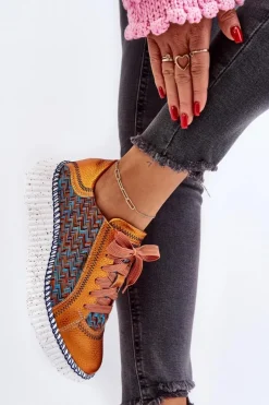 Maciejka Buty Sportowe Na Platformie*Skórzane Buty Sportowe Damskie 06327-18 Pomarańczowe