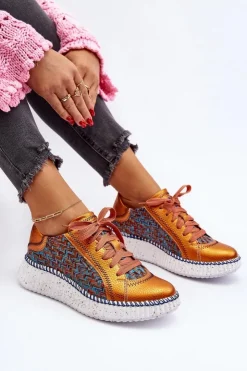 Maciejka Buty Sportowe Na Platformie*Skórzane Buty Sportowe Damskie 06327-18 Pomarańczowe