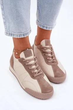 Laura Messi Skórzane Buty Sportowe Damskie 2935 Beżowe