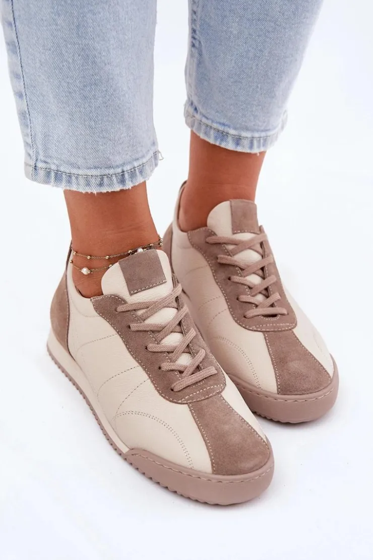 Laura Messi Skórzane Buty Sportowe Damskie 2935 Beżowe