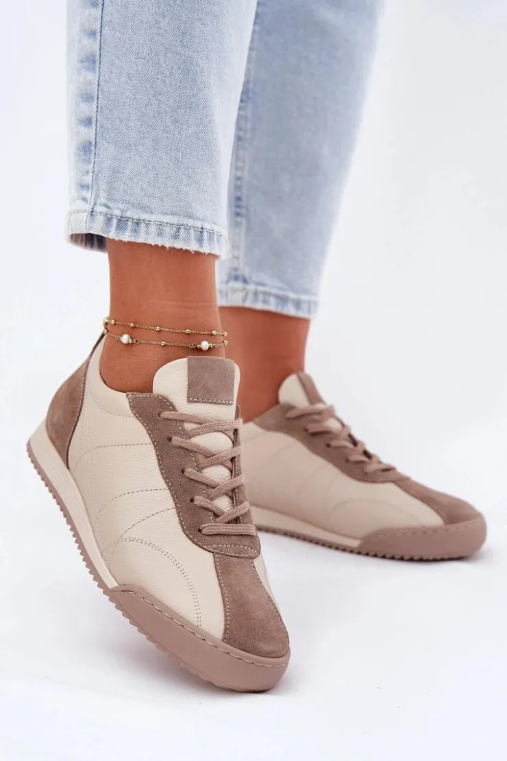 Laura Messi Skórzane Buty Sportowe Damskie 2935 Beżowe