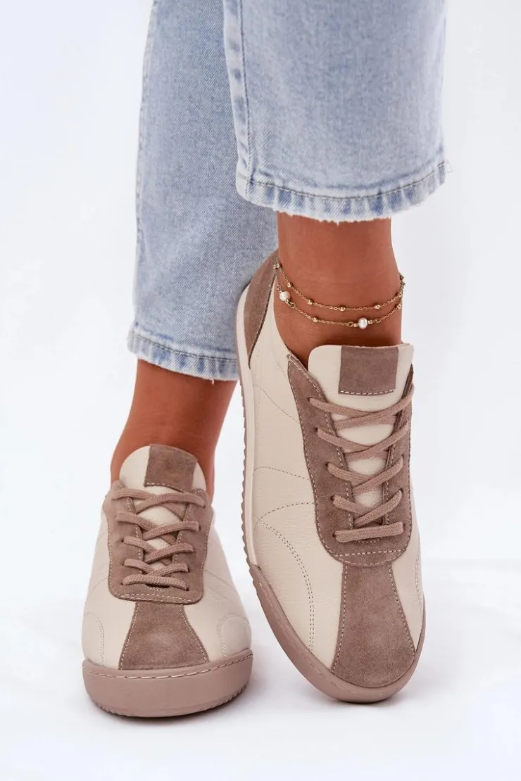 Laura Messi Skórzane Buty Sportowe Damskie 2935 Beżowe