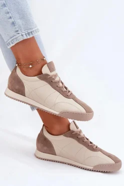 Laura Messi Skórzane Buty Sportowe Damskie 2935 Beżowe
