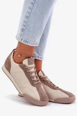 Laura Messi Skórzane Buty Sportowe Damskie 2935 Beżowe