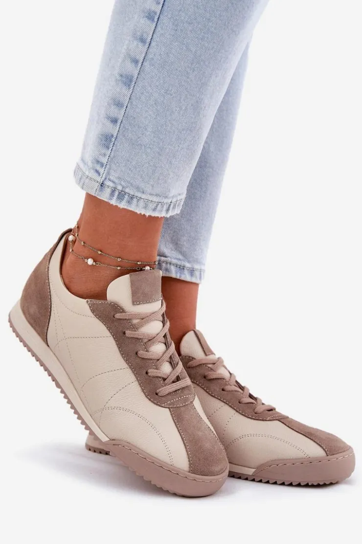 Laura Messi Skórzane Buty Sportowe Damskie 2935 Beżowe