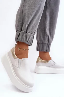 Boto Sneakersy Damskie*Skórzane Buty Sportowe Damskie na Platformie Białe Lemar Manish