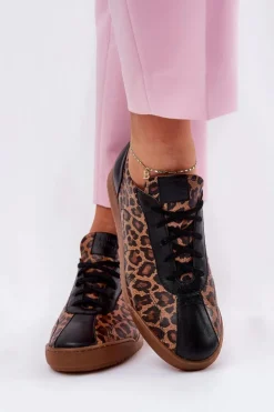 Laura Messi Sneakersy Damskie*Skórzane Buty Sportowe Damskie W Panterkę 2935 Brązowe Brązowy