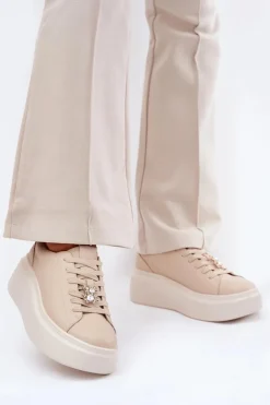 Sale Buty damskie Vinceza Skórzane Buty Sportowe Damskie Na Platformie Z Przypinką Vinceza 39922 Beżowe Beżowy