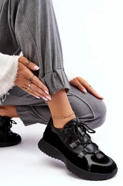 Outlet Zazoo Skórzane Buty Sportowe Damskie M01/2 Czarne Czarny