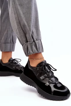 Outlet Zazoo Skórzane Buty Sportowe Damskie M01/2 Czarne Czarny