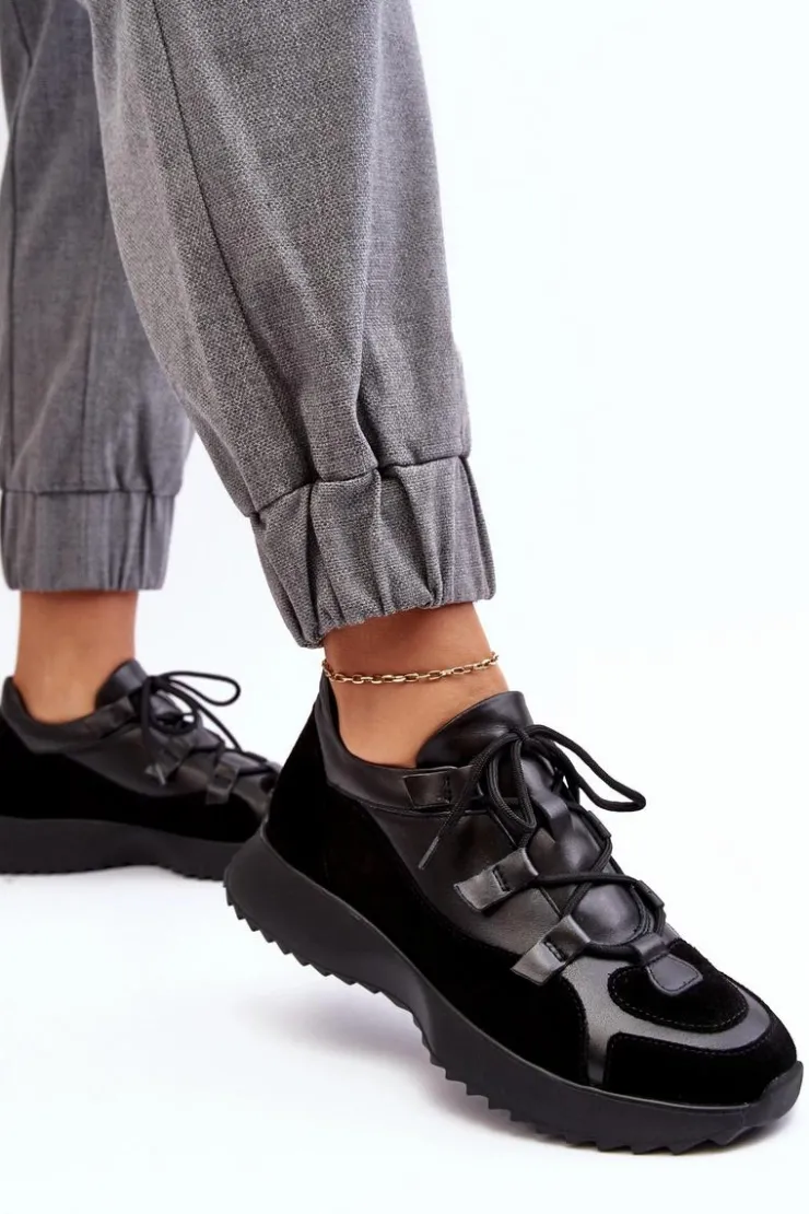 Outlet Zazoo Skórzane Buty Sportowe Damskie M01/2 Czarne Czarny