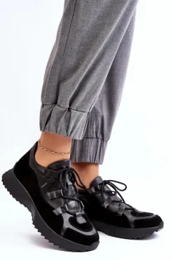 Outlet Zazoo Skórzane Buty Sportowe Damskie M01/2 Czarne Czarny