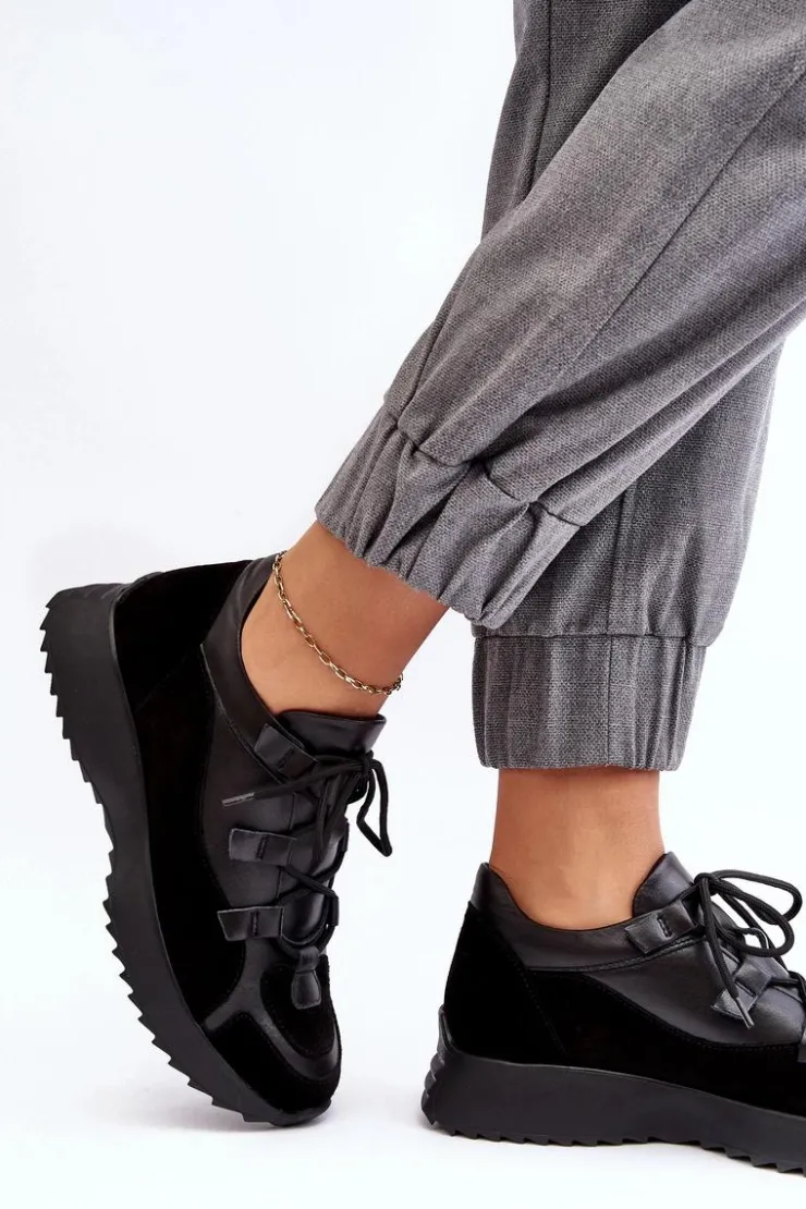 Outlet Zazoo Skórzane Buty Sportowe Damskie M01/2 Czarne Czarny