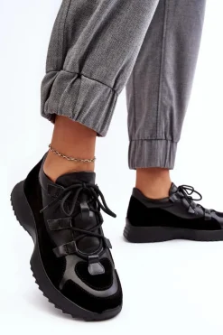 Outlet Zazoo Skórzane Buty Sportowe Damskie M01/2 Czarne Czarny