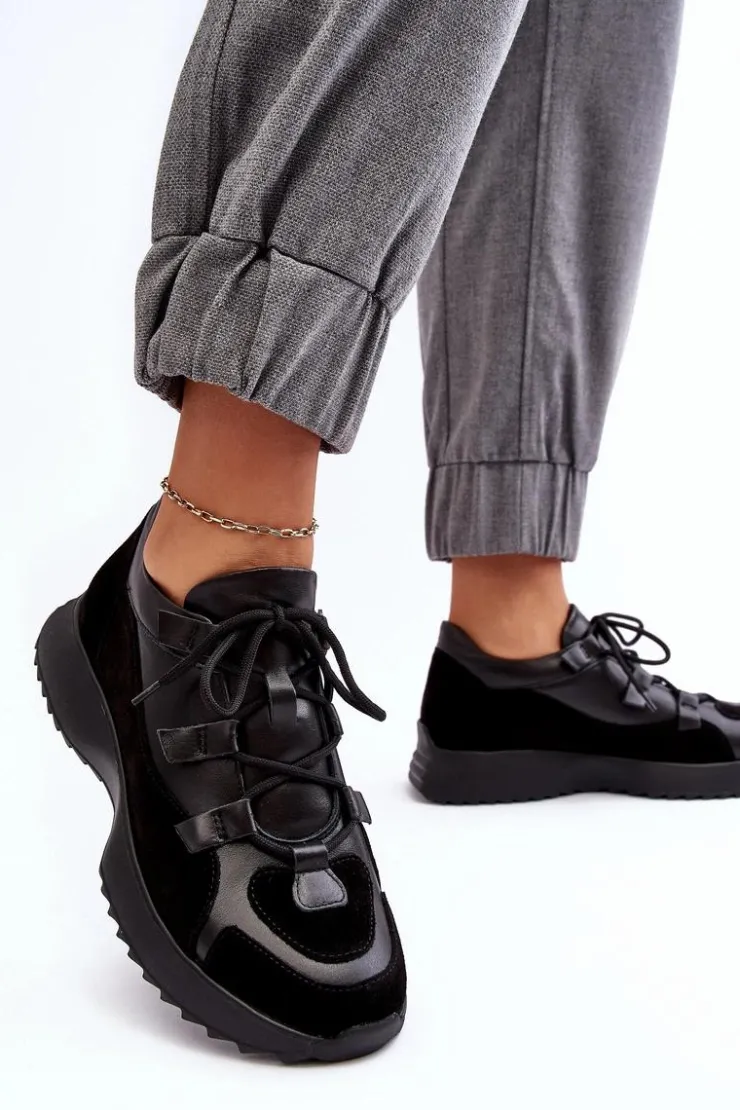 Outlet Zazoo Skórzane Buty Sportowe Damskie M01/2 Czarne Czarny