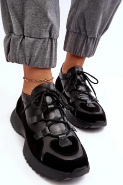 Outlet Zazoo Skórzane Buty Sportowe Damskie M01/2 Czarne Czarny