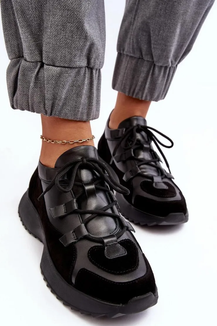 Outlet Zazoo Skórzane Buty Sportowe Damskie M01/2 Czarne Czarny