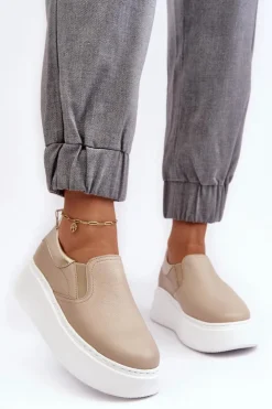 Boto Sneakersy Damskie*Skórzane Buty Sportowe Damskie na Platformie Beżowe Lemar Manish