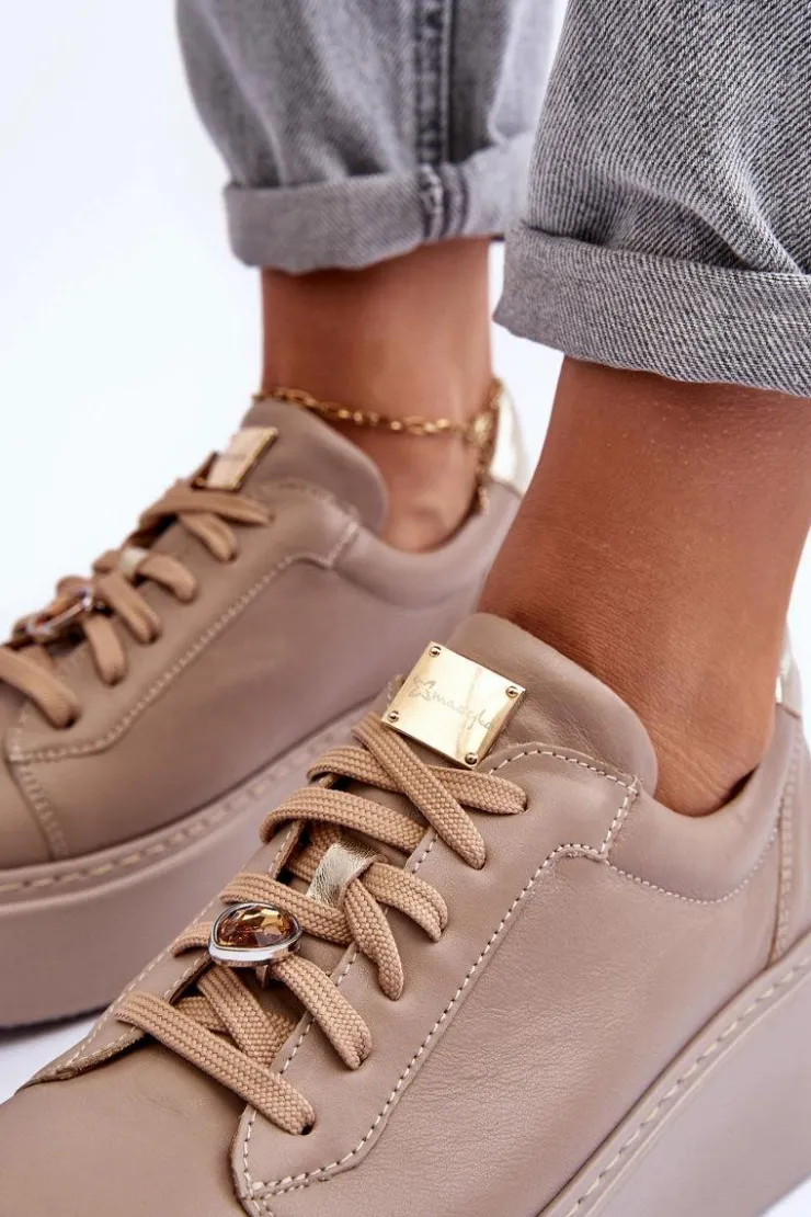 Sale Maciejka Skórzane Buty Sportowe Na Platformie 06191-04 Beżowe Beżowy