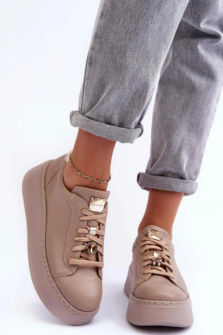 Sale Maciejka Skórzane Buty Sportowe Na Platformie 06191-04 Beżowe Beżowy
