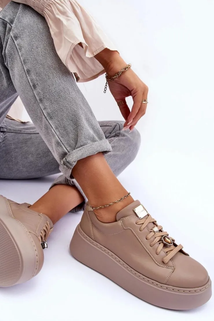 Sale Maciejka Skórzane Buty Sportowe Na Platformie 06191-04 Beżowe Beżowy