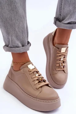 Sale Maciejka Skórzane Buty Sportowe Na Platformie 06191-04 Beżowe Beżowy