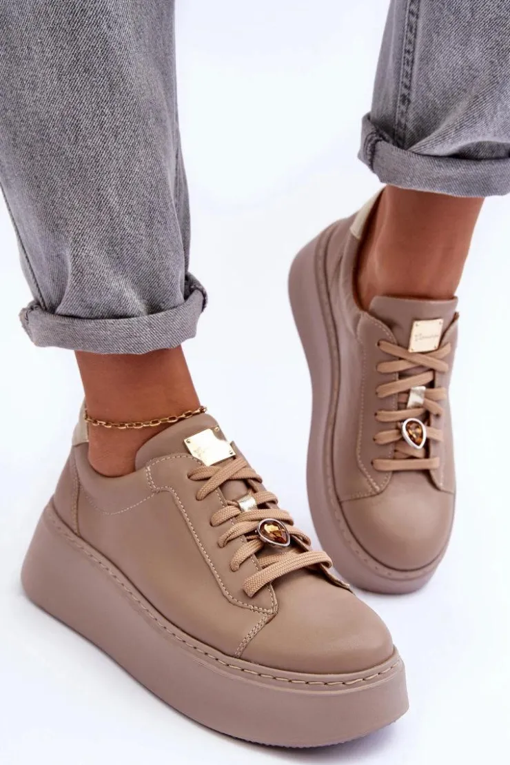 Sale Maciejka Skórzane Buty Sportowe Na Platformie 06191-04 Beżowe Beżowy
