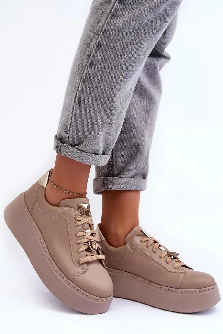 Sale Maciejka Skórzane Buty Sportowe Na Platformie 06191-04 Beżowe Beżowy