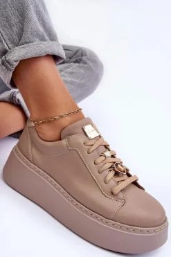 Sale Maciejka Skórzane Buty Sportowe Na Platformie 06191-04 Beżowe Beżowy