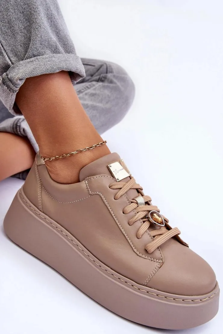 Sale Maciejka Skórzane Buty Sportowe Na Platformie 06191-04 Beżowe Beżowy