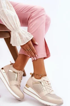 Damskie Boto Skórzane Buty Sportowe Na Niewysokim Koturnie Beżowe Braylen