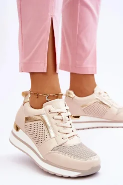 Damskie Boto Skórzane Buty Sportowe Na Niewysokim Koturnie Beżowe Braylen