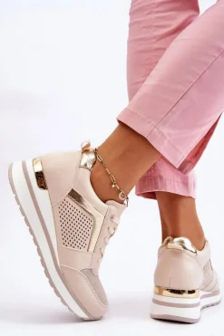 Damskie Boto Skórzane Buty Sportowe Na Niewysokim Koturnie Beżowe Braylen