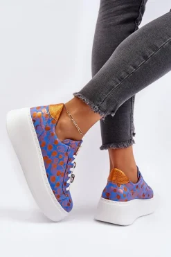 Damskie Maciejka Skórzane Buty Sportowe Na Platformie 06191-06 Niebieskie