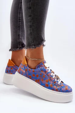 Damskie Maciejka Skórzane Buty Sportowe Na Platformie 06191-06 Niebieskie