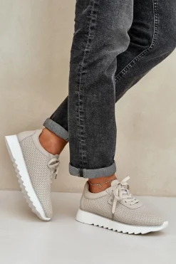 Damskie Damskie buty S.Barski Skórzane Buty Sportowe Na Platformie Z Brokatem D&A LR51-629 Beżowe