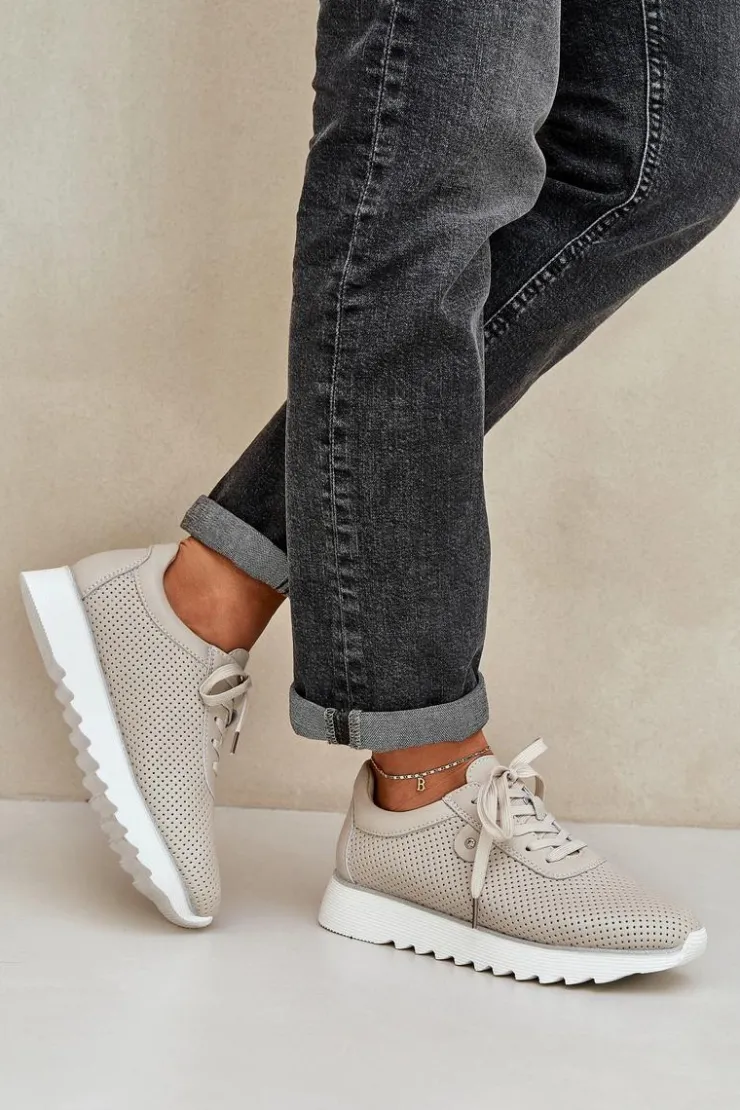 Damskie Damskie buty S.Barski Skórzane Buty Sportowe Na Platformie Z Brokatem D&A LR51-629 Beżowe