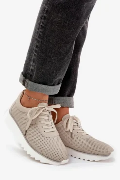 Damskie Damskie buty S.Barski Skórzane Buty Sportowe Na Platformie Z Brokatem D&A LR51-629 Beżowe