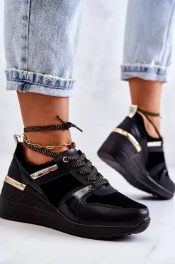 Best Damskie buty S.Barski Skórzane Buty Sportowe Na Koturnie Czarne Rayana